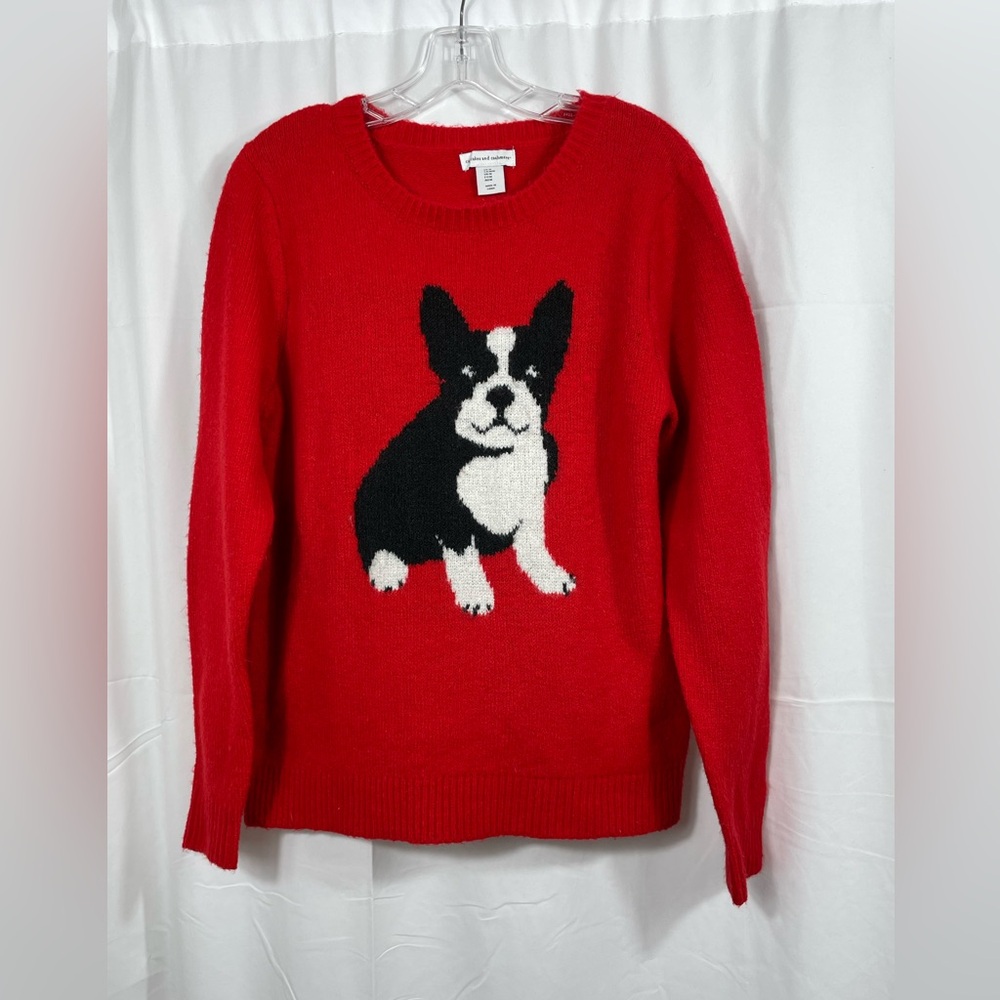 cupcakes & cashmere Red Sweater with Bull Dog Novelty Design.